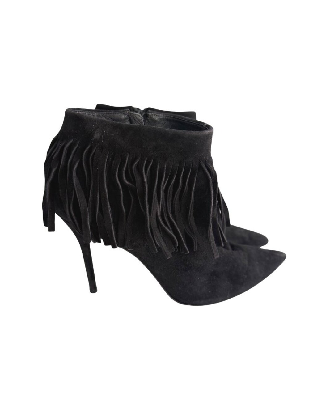 Stuart Weitzman Women's Ankle Booties 39 Black Suede Fringe Pointed Toe Stiletto